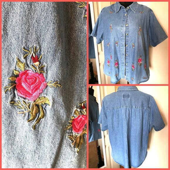 Capistrano Jeans Denim Shirt: Vintage 80s, Pink Red Rose Embroidery, Size L-XL - Picture 8 of 8